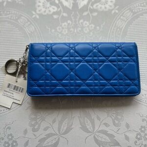 Christian Dior Cannage Lady Dior Charm Leather Wallet,  Snap Closure,  Blue